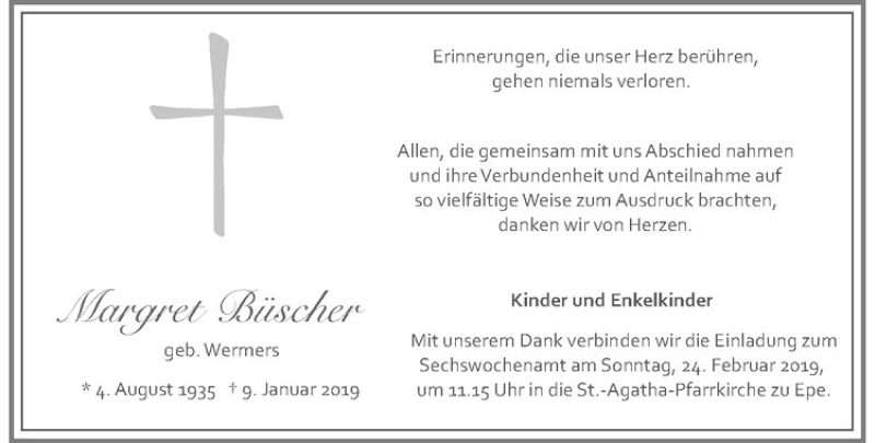  Traueranzeige für Margret Büscher vom 20.02.2019 aus Westfälische Nachrichten