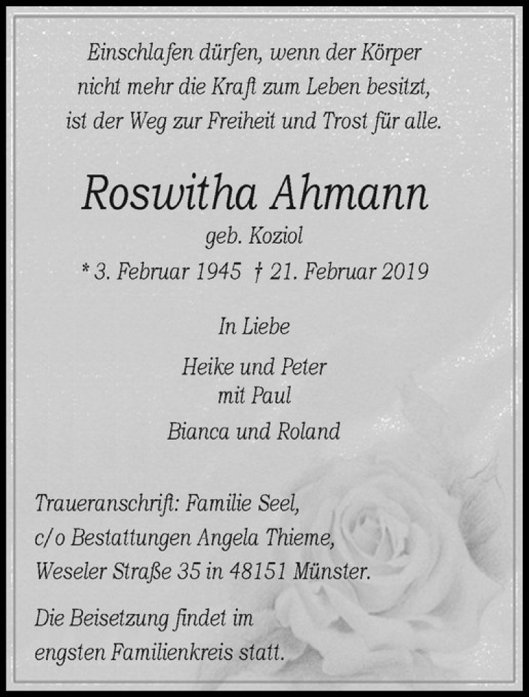  Traueranzeige für Roswitha Ahmann vom 23.02.2019 aus Westfälische Nachrichten