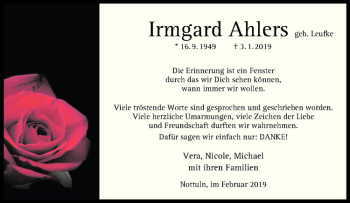 Anzeige von Irmgard Ahlers von Westfälische Nachrichten