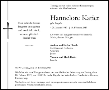 Anzeige von Hannelore Katier von Westfälische Nachrichten