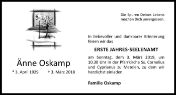 Anzeige von Änne Oskamp von Westfälische Nachrichten