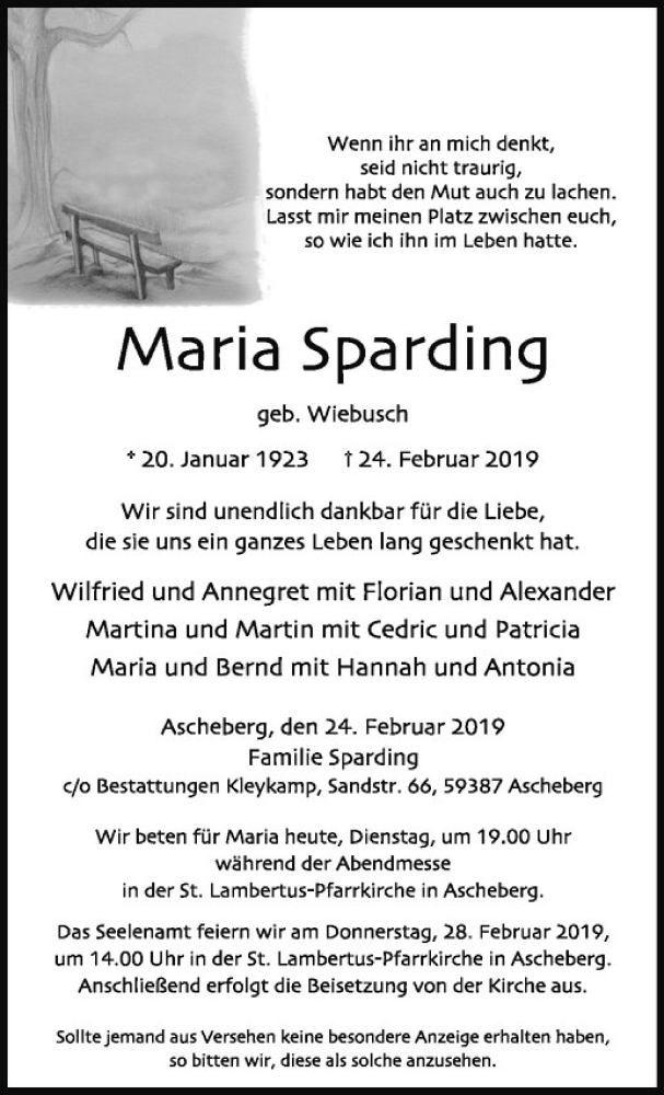  Traueranzeige für Maria Sparding vom 26.02.2019 aus Westfälische Nachrichten