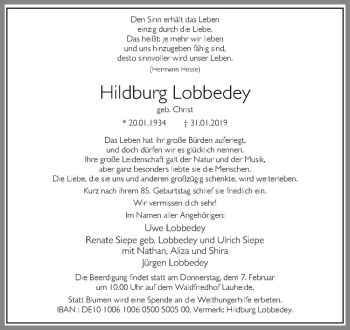 Anzeige von Hildeburg Lobbedey von Westfälische Nachrichten