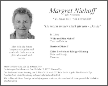 Anzeige von Margret Niehoff von Westfälische Nachrichten