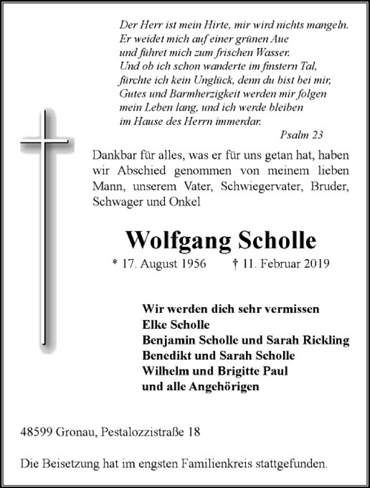  Traueranzeige für Wolfgang Scholle vom 19.02.2019 aus Westfälische Nachrichten