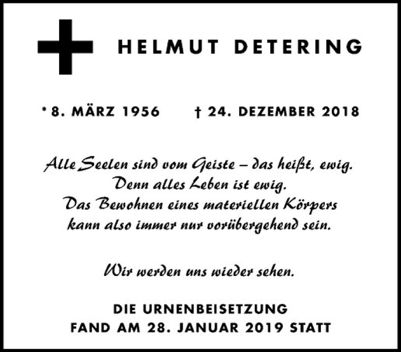  Traueranzeige für Helmut Detering vom 02.02.2019 aus Westfälische Nachrichten