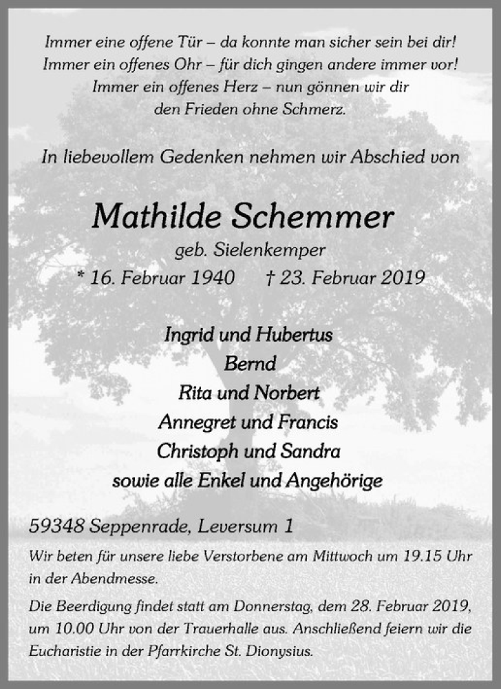  Traueranzeige für Mathilde Schemmer vom 26.02.2019 aus Westfälische Nachrichten
