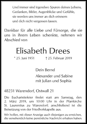 Anzeige von Elisabeth Drees von Westfälische Nachrichten