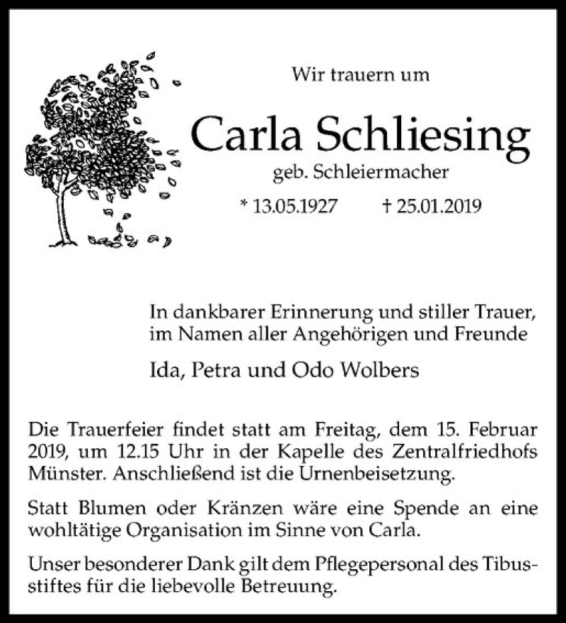  Traueranzeige für Carla Schliesing vom 02.02.2019 aus Westfälische Nachrichten