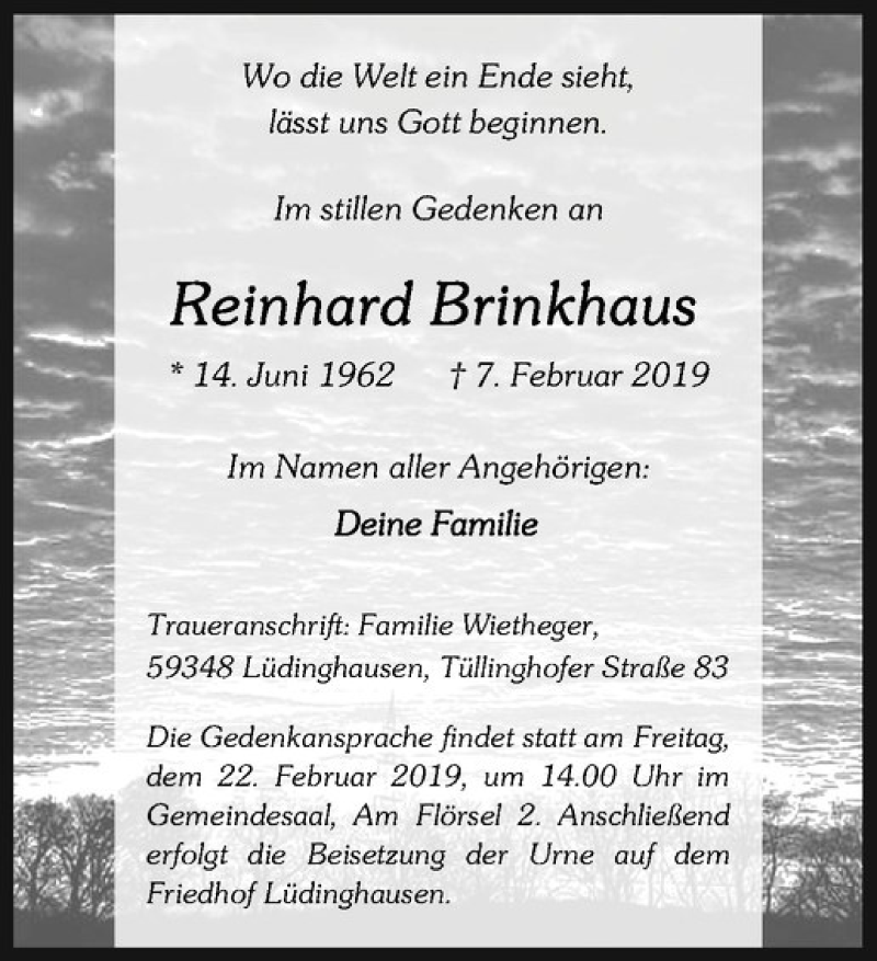  Traueranzeige für Reinhard Brinkhaus vom 15.02.2019 aus Westfälische Nachrichten