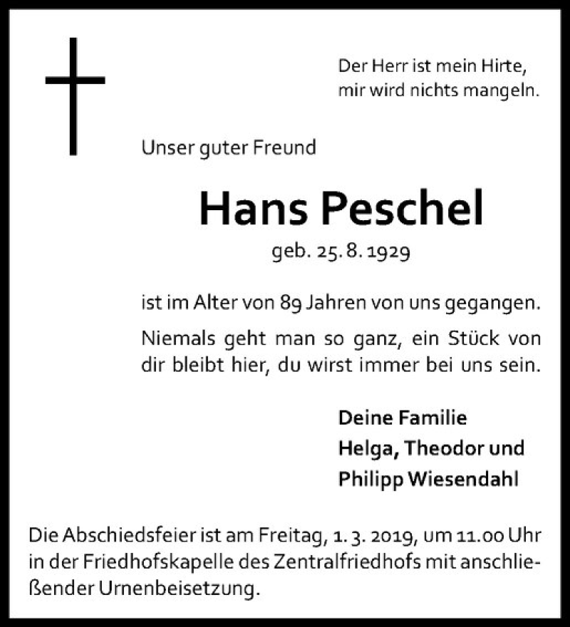  Traueranzeige für Hans Peschel vom 23.02.2019 aus Westfälische Nachrichten