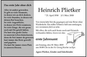 Anzeige von Heinrich Plietker von Westfälische Nachrichten