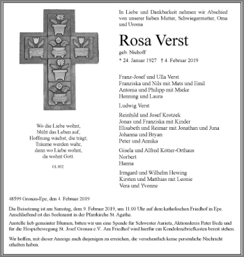 Anzeige von Rosa Verst von Westfälische Nachrichten