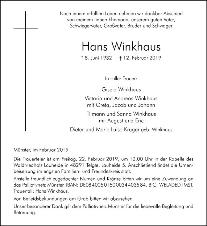  Traueranzeige für Hans Winkhaus vom 16.02.2019 aus Westfälische Nachrichten