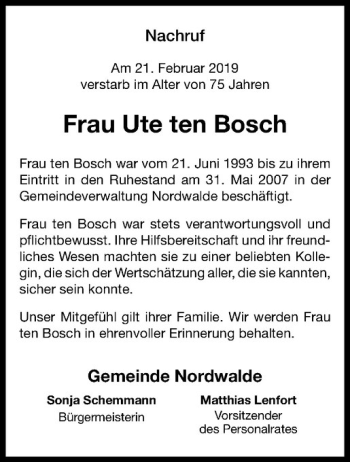 Anzeige von Ute ten Bosch von Westfälische Nachrichten