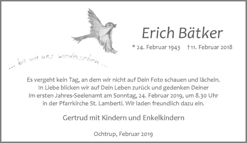  Traueranzeige für Erich Bätker vom 20.02.2019 aus Westfälische Nachrichten