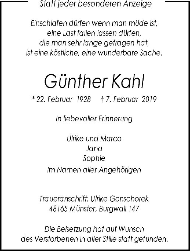  Traueranzeige für Günther Kahl vom 20.02.2019 aus Westfälische Nachrichten