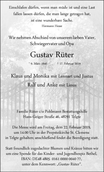 Anzeige von Gustav Rüter von Westfälische Nachrichten