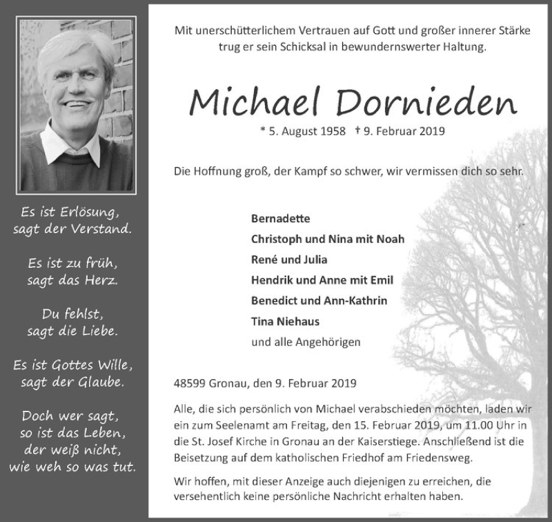  Traueranzeige für Michael Dornieden vom 12.02.2019 aus Westfälische Nachrichten