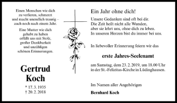 Anzeige von Gertrud Koch von Westfälische Nachrichten