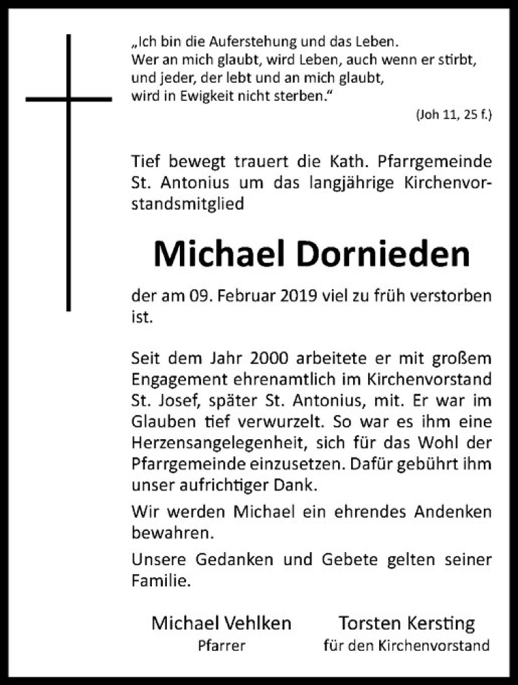  Traueranzeige für Michael Dornieden vom 16.02.2019 aus Westfälische Nachrichten