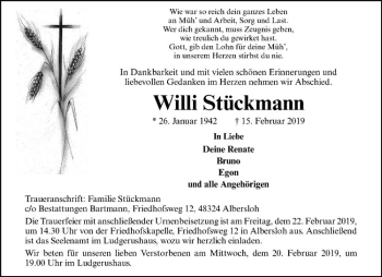Anzeige von Willi Stückmann von Westfälische Nachrichten