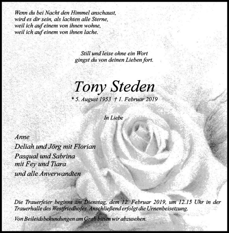  Traueranzeige für Tony Steden vom 07.02.2019 aus Westfälische Nachrichten