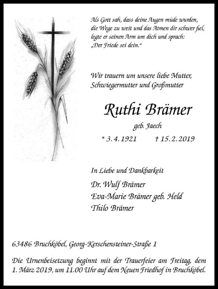  Traueranzeige für Ruthi Brämer vom 23.02.2019 aus Westfälische Nachrichten
