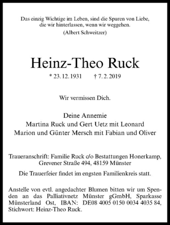 Anzeige von Heinz-Theo Ruck von Westfälische Nachrichten