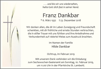 Anzeige von Franz Dankbar von Westfälische Nachrichten
