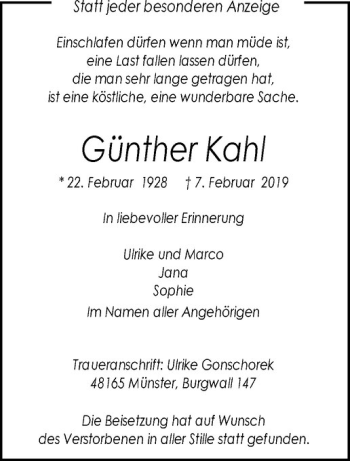 Anzeige von Günther Kahl von Westfälische Nachrichten