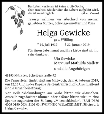 Anzeige von Helga Gewicke von Westfälische Nachrichten