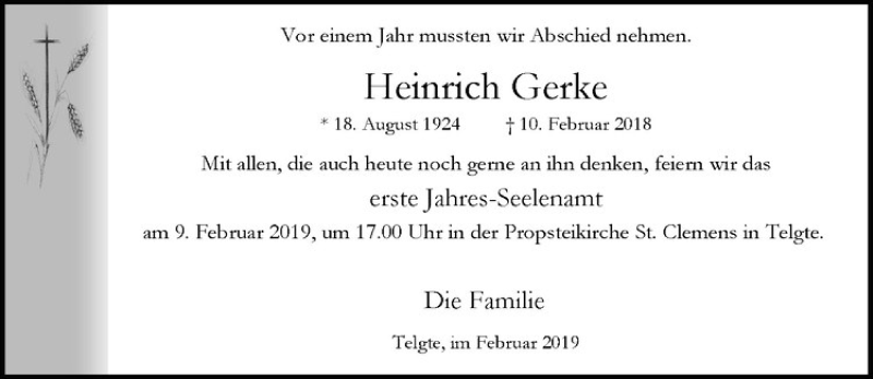  Traueranzeige für Heinrich Gerke vom 02.02.2019 aus Westfälische Nachrichten