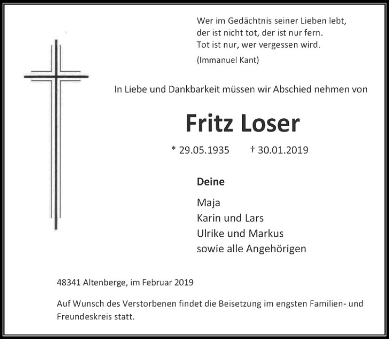  Traueranzeige für Fritz Loser vom 06.02.2019 aus Westfälische Nachrichten