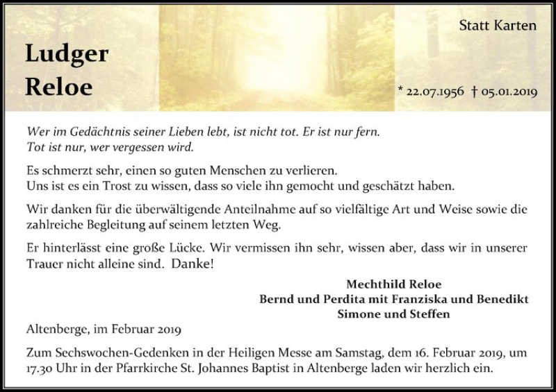  Traueranzeige für Ludger Reloe vom 09.02.2019 aus Westfälische Nachrichten