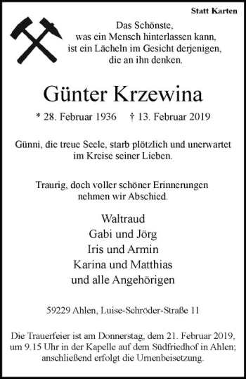 Anzeige von Günter Krzewina von Westfälische Nachrichten