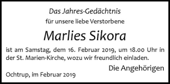 Anzeige von Marlies Sikora von Westfälische Nachrichten