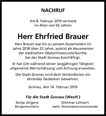 Anzeige von Ehrfried Brauer von Westfälische Nachrichten