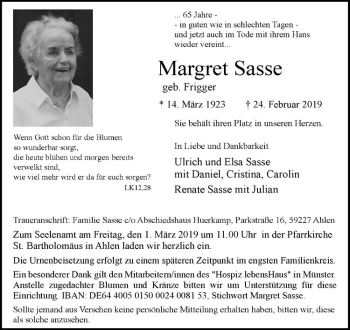 Anzeige von Margret Sasse von Westfälische Nachrichten