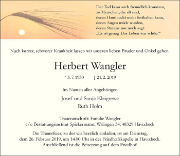 Anzeige von Herbert Wangler von Westfälische Nachrichten