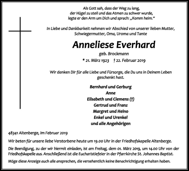  Traueranzeige für Anneliese Everhard vom 27.02.2019 aus Westfälische Nachrichten