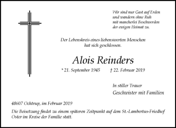 Anzeige von Alois Reinders von Westfälische Nachrichten