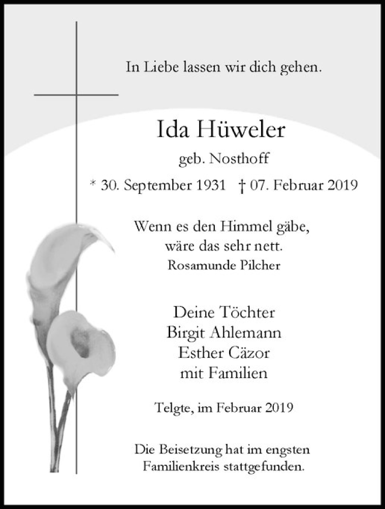  Traueranzeige für Ida Hüweler vom 16.02.2019 aus Westfälische Nachrichten