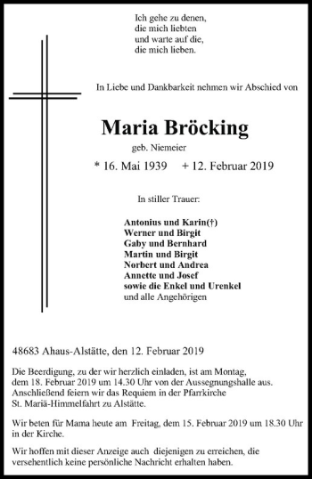 Anzeige von Maria Bröcking von Westfälische Nachrichten