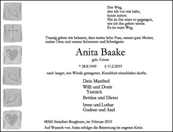 Anzeige von Anita Baake von Westfälische Nachrichten