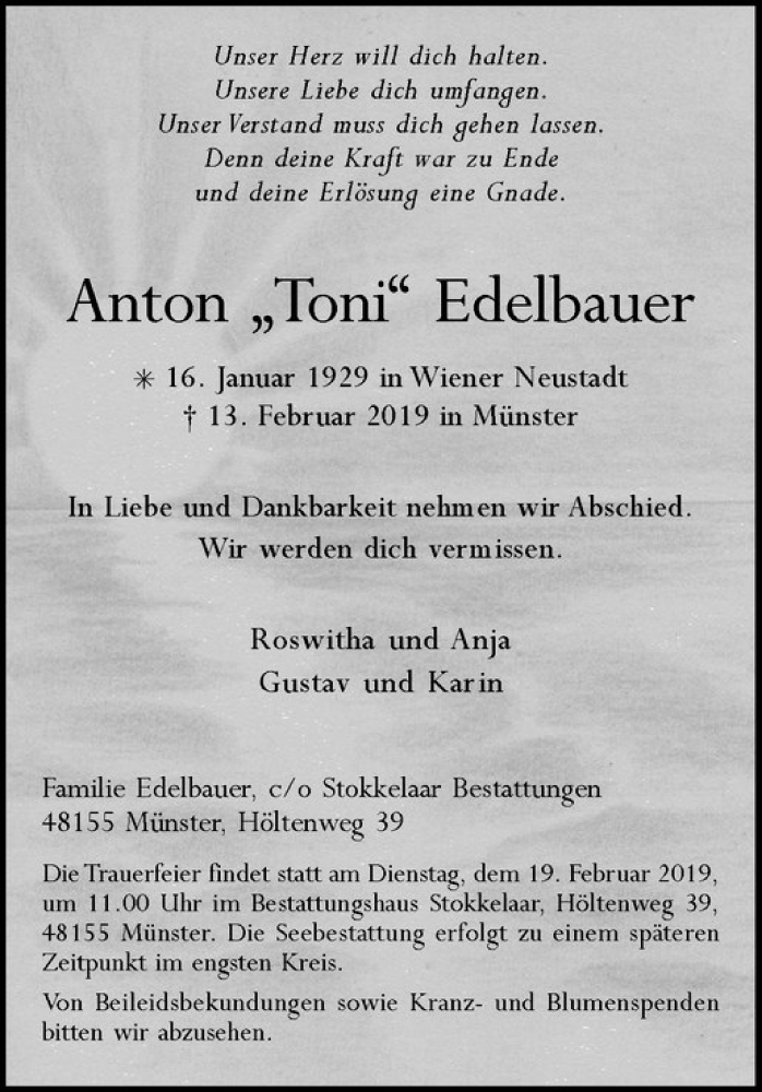  Traueranzeige für Anton Edelbauer vom 16.02.2019 aus Westfälische Nachrichten