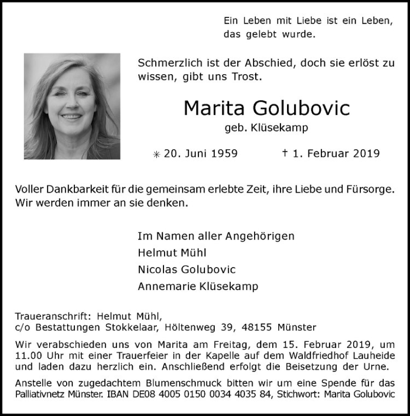  Traueranzeige für Marita Golubovic vom 09.02.2019 aus Westfälische Nachrichten