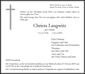 Anzeige von Christa Laugwitz von Westfälische Nachrichten
