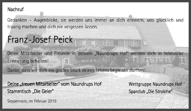  Traueranzeige für Franz-Josef Peick vom 19.02.2019 aus Westfälische Nachrichten
