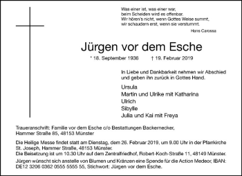 Anzeige von Jürgen vor dem Esche von Westfälische Nachrichten